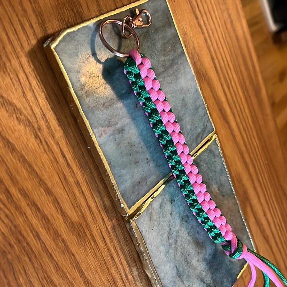 Handmade paracord pink and green with rose gold key chain purse charm